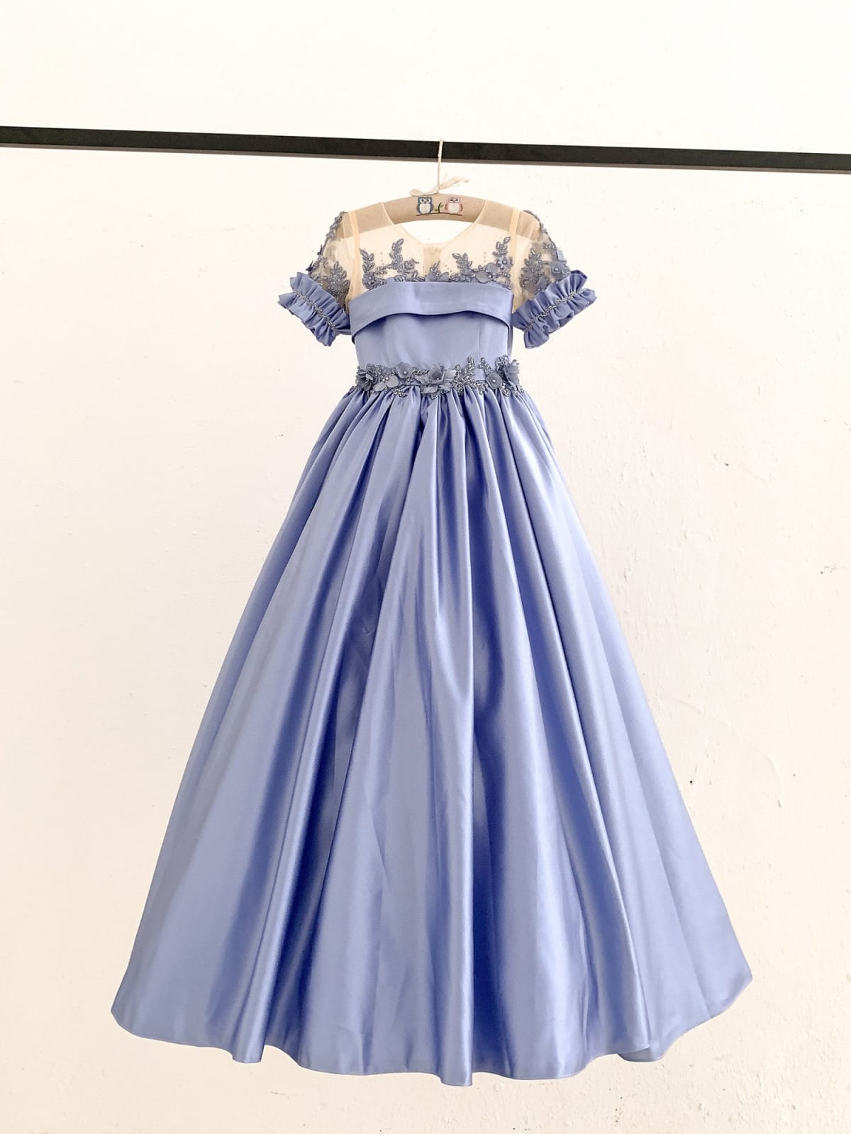 Short Sleeves Sheer Neck Light Blue Satin Wedding Flower